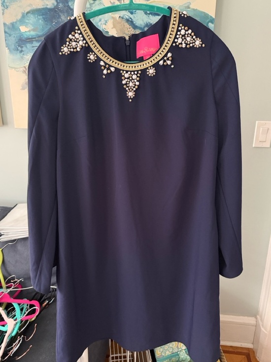 Lilly Pulitzer Dresses & Skirts - Lilly Pulitzer Navy Long Sleeve Shift Dress with Jeweled Collar Accents